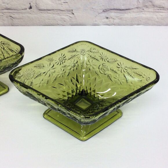 Vintage Indiana Glass Olive Green Diamond Shape Pedestal Candy Dish Bowl Set 2 - Picture 6 of 12